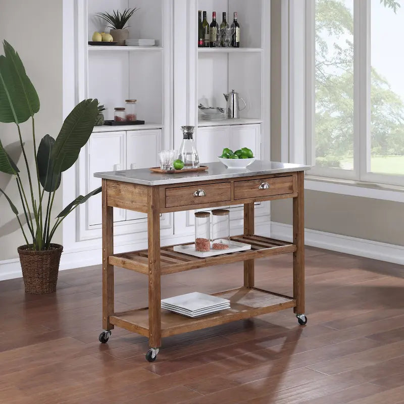 Chariot de cuisine en acier inoxydable brossé avec tiroirs de rangement et roues