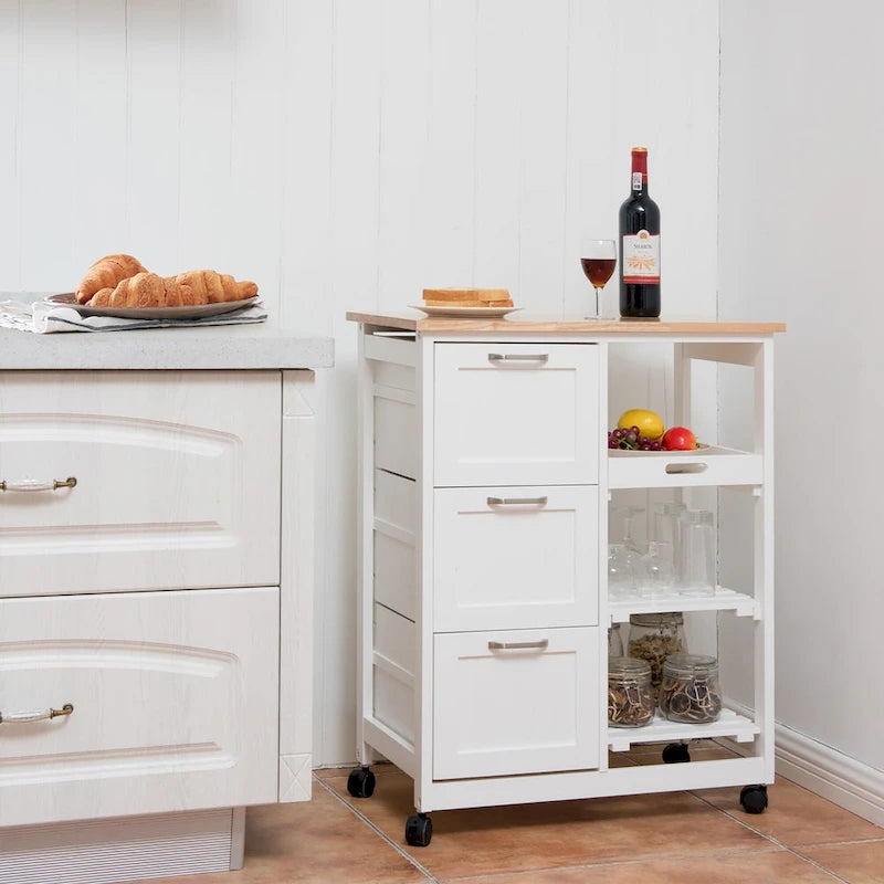 Chariot de cuisine roulant avec grands tiroirs et étagères de rangement