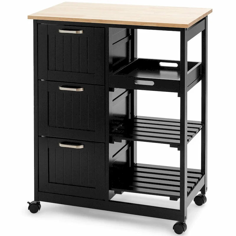 Chariot de cuisine roulant avec grands tiroirs et étagères de rangement