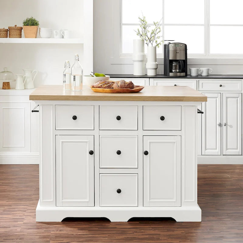 Îlot de cuisine avec plateau en bois, tiroirs de rangement et placards - 50 L x 32 P x 36 H