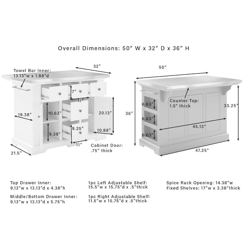 Îlot de cuisine avec plateau en bois, tiroirs de rangement et placards - 50 L x 32 P x 36 H