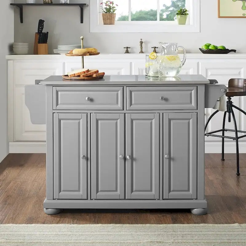Îlot de cuisine avec plateau en acier inoxydable gris vintage, tiroirs de rangement et armoires