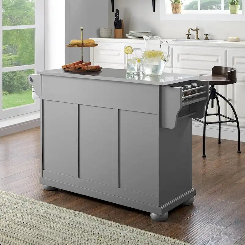 Îlot de cuisine avec plateau en acier inoxydable gris vintage, tiroirs de rangement et armoires