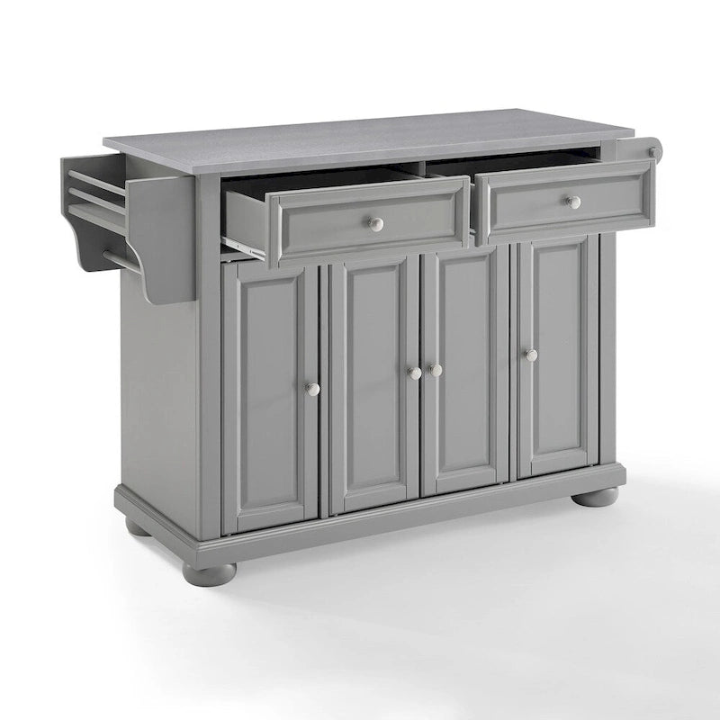 Îlot de cuisine avec plateau en acier inoxydable gris vintage, tiroirs de rangement et armoires