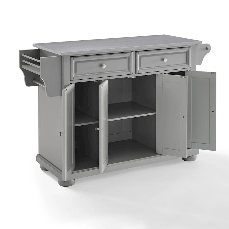 Îlot de cuisine avec plateau en acier inoxydable gris vintage, tiroirs de rangement et armoires