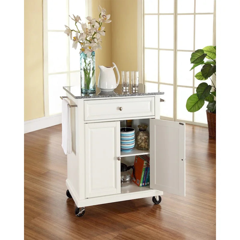 Chariot de cuisine portable avec dessus en granit massif blanc, rangement et roulettes