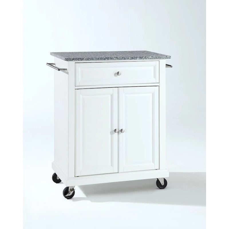 Chariot de cuisine portable avec dessus en granit massif blanc, rangement et roulettes