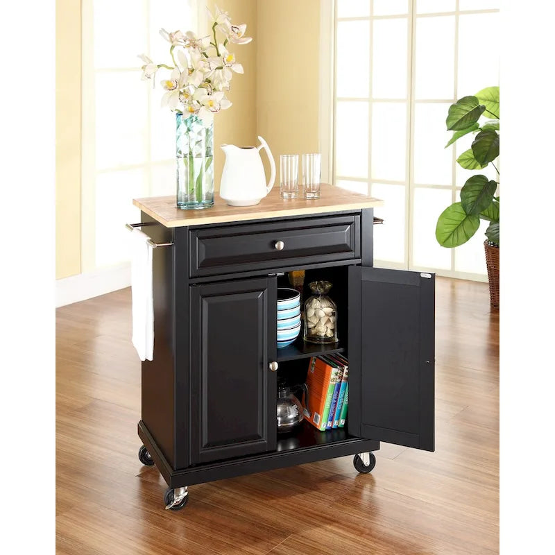 Desserte de cuisine îlot portable en bois noir avec plateau en bois naturel – 31 larg. x 18 prof. x 35,5 haut.