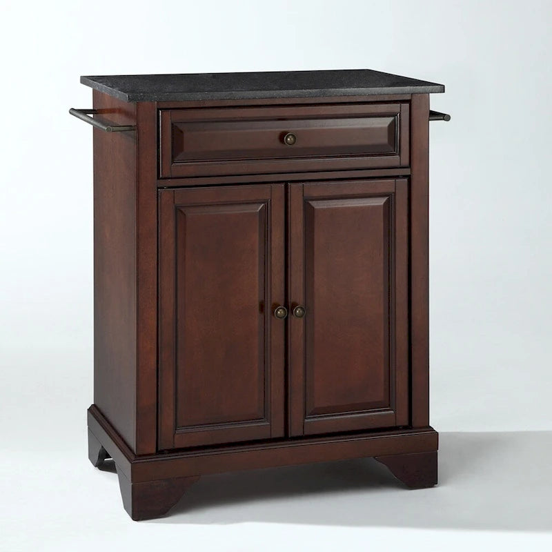 Îlot de cuisine portable avec plateau en granit noir et finition en bois d'acajou
