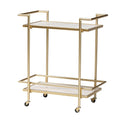 Contemporary Gold Metal and White Marble 2-Tier Wine Cart with Caster Wheels