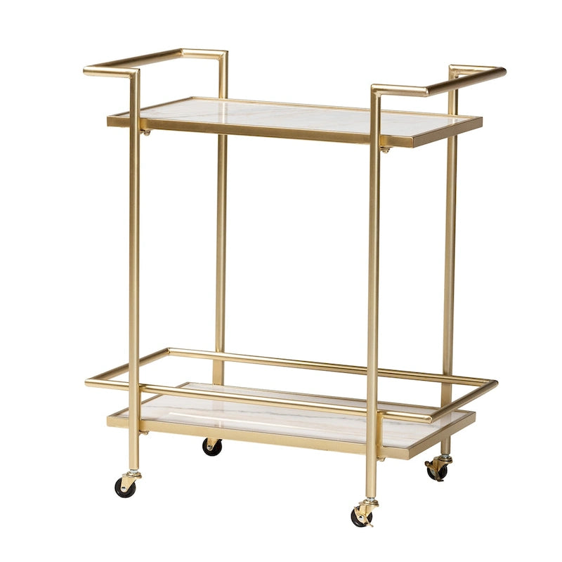 Contemporary Gold Metal and White Marble 2-Tier Wine Cart with Caster Wheels
