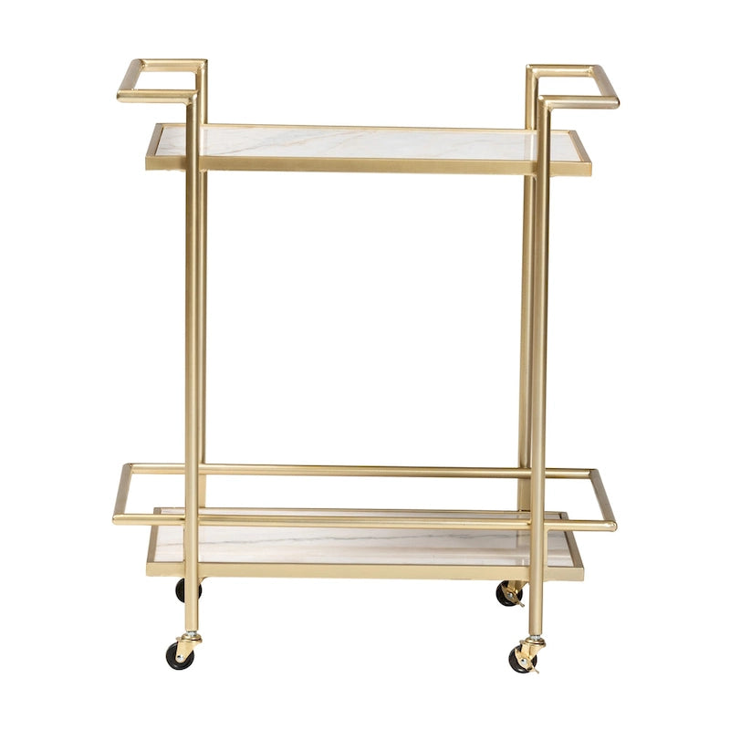 Contemporary Gold Metal and White Marble 2-Tier Wine Cart with Caster Wheels