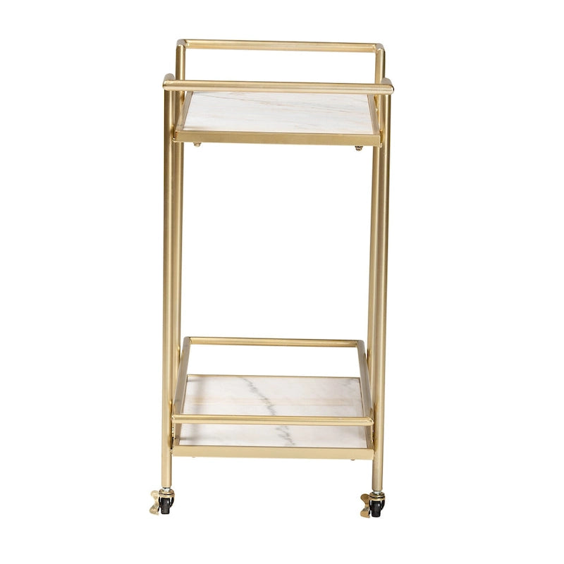 Contemporary Gold Metal and White Marble 2-Tier Wine Cart with Caster Wheels