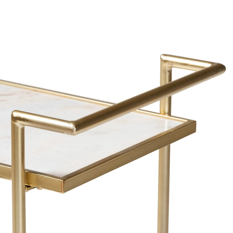 Contemporary Gold Metal and White Marble 2-Tier Wine Cart with Caster Wheels