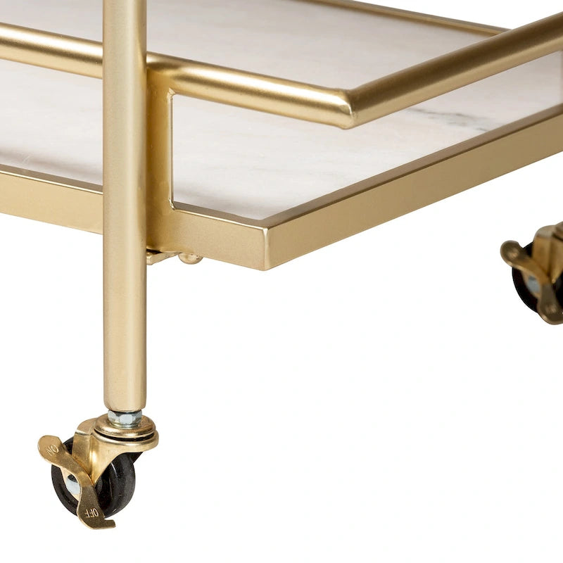 Contemporary Gold Metal and White Marble 2-Tier Wine Cart with Caster Wheels