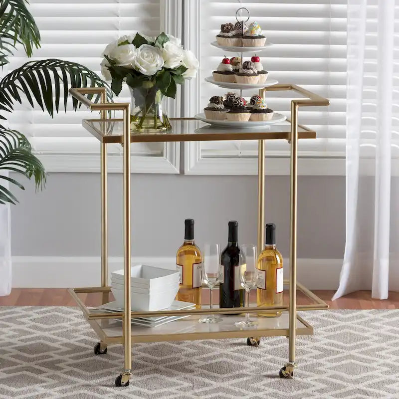 Contemporary Gold Metal and White Marble 2-Tier Wine Cart with Caster Wheels