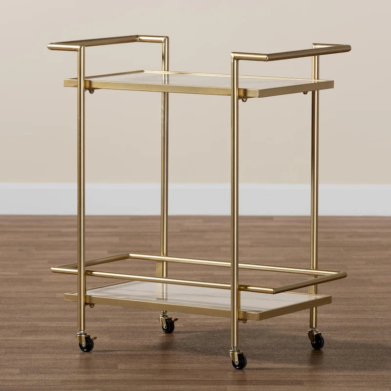 Contemporary Gold Metal and White Marble 2-Tier Wine Cart with Caster Wheels