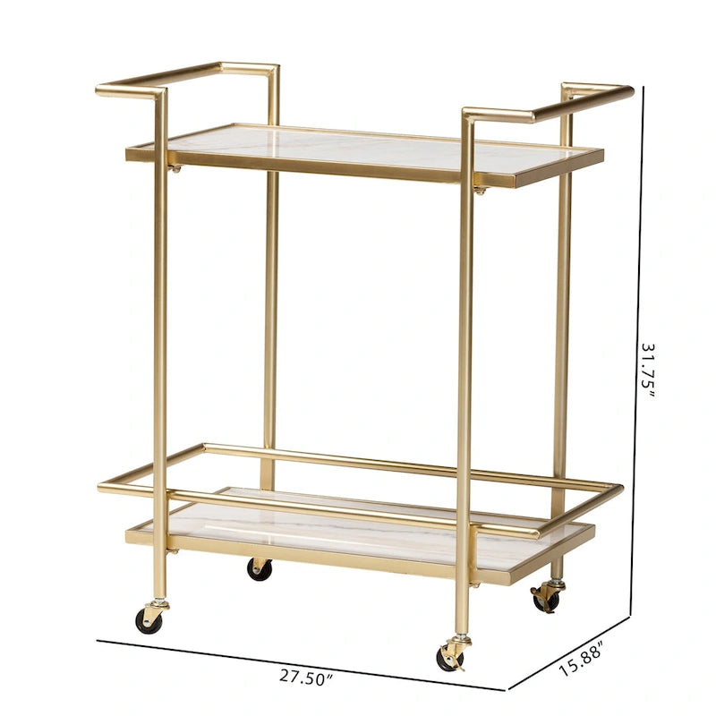 Contemporary Gold Metal and White Marble 2-Tier Wine Cart with Caster Wheels