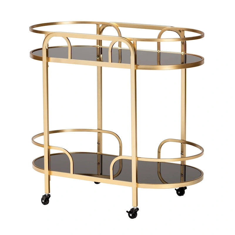 Contemporary Glam Luxe Gold Metal Tempered Glass 2-Tier Wine Cart