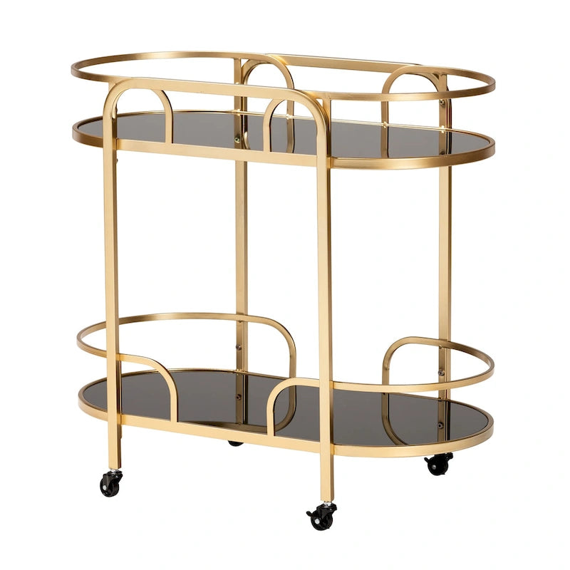 Contemporary Glam Luxe Gold Metal Tempered Glass 2-Tier Wine Cart