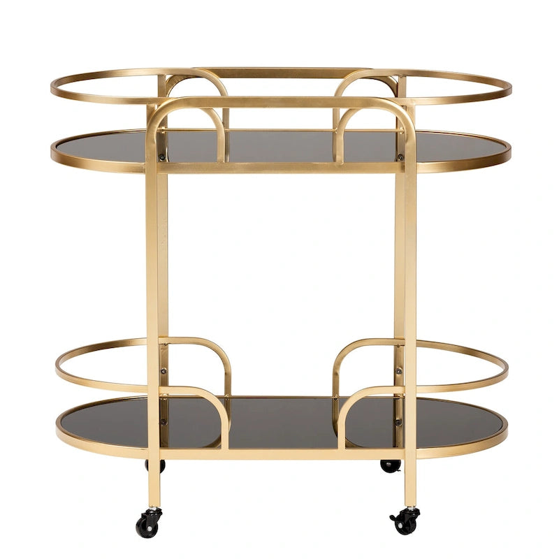 Contemporary Glam Luxe Gold Metal Tempered Glass 2-Tier Wine Cart
