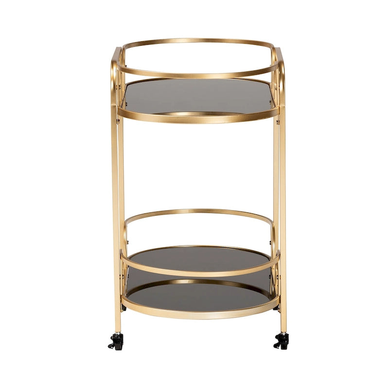 Desservante à roulettes à 2 niveaux en métal doré et verre trempé, style glamour contemporain