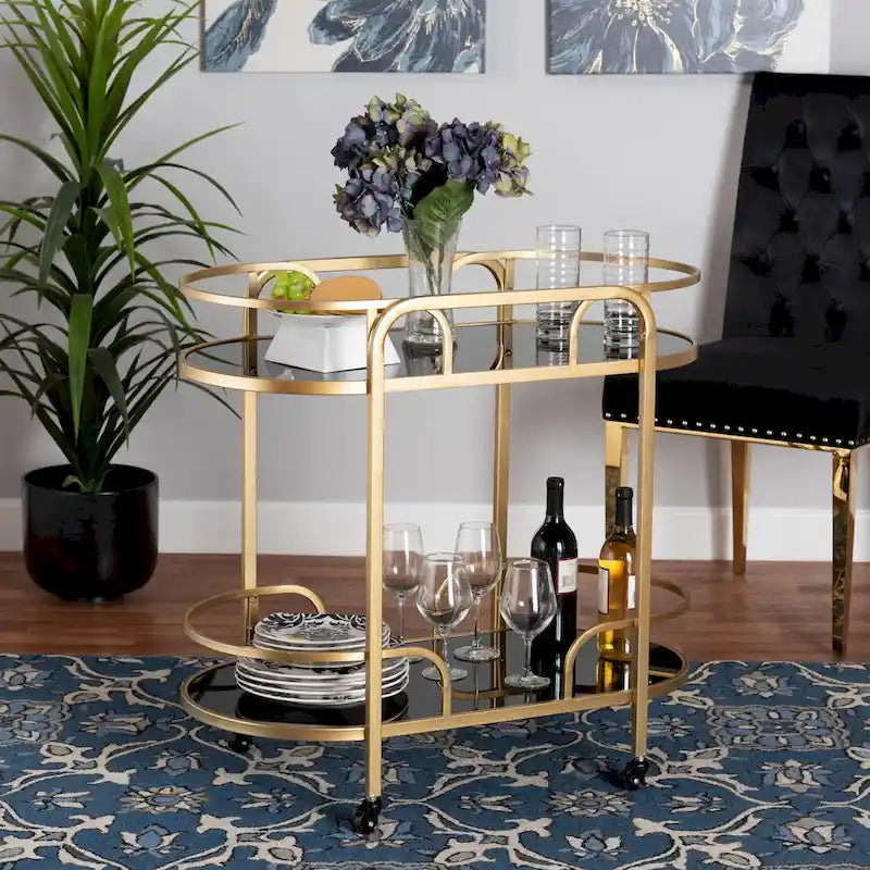 Desservante à roulettes à 2 niveaux en métal doré et verre trempé, style glamour contemporain