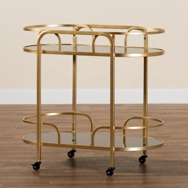 Desservante à roulettes à 2 niveaux en métal doré et verre trempé, style glamour contemporain