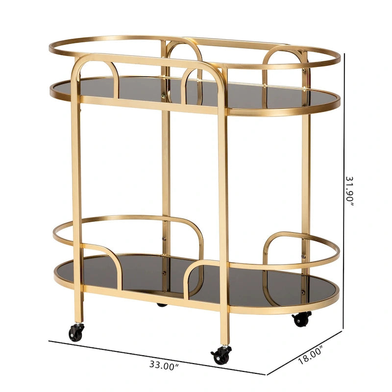 Desservante à roulettes à 2 niveaux en métal doré et verre trempé, style glamour contemporain