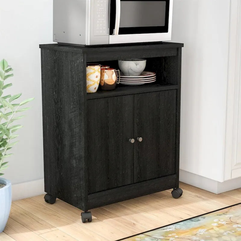 Meuble de cuisine à roulettes pour micro-ondes, noir, avec portes de rangement