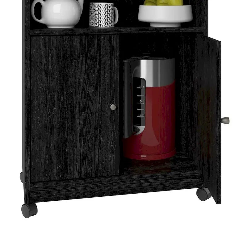 Meuble de cuisine à roulettes pour micro-ondes, noir, avec portes de rangement