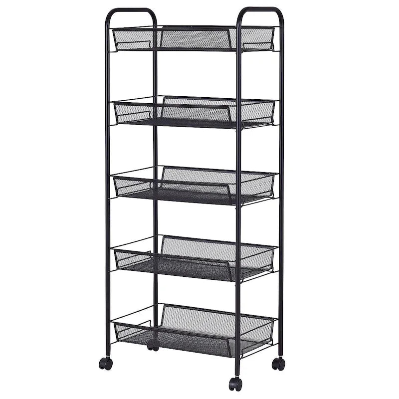 Chariot de rangement roulant à 5 niveaux avec paniers grillagés et roulettes pivotantes à 360 degrés, noir