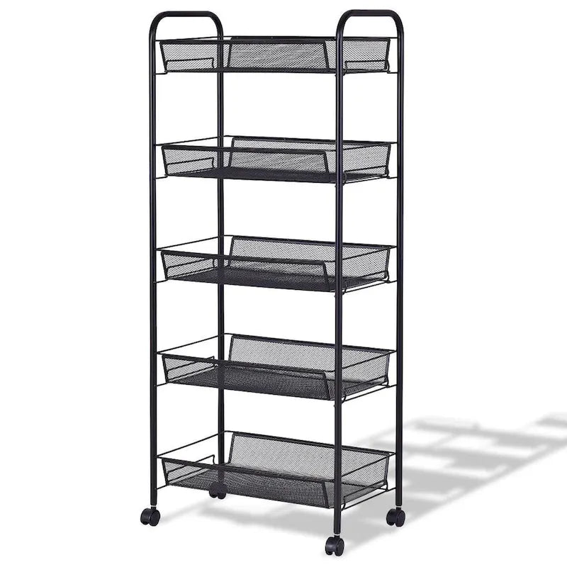 Chariot de rangement roulant à 5 niveaux avec paniers grillagés et roulettes pivotantes à 360 degrés, noir