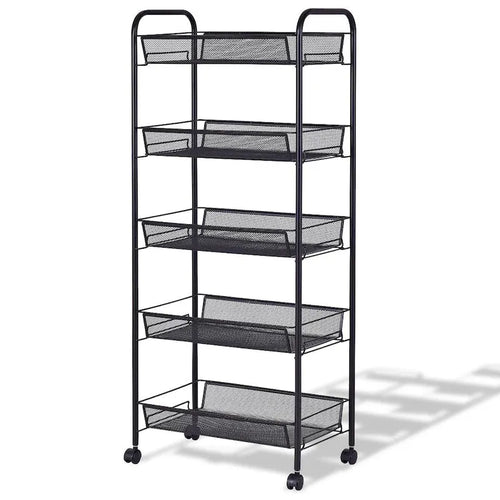 Chariot de rangement roulant à 5 niveaux avec paniers grillagés et roulettes pivotantes à 360 degrés, noir