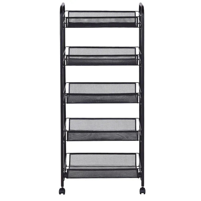 Chariot de rangement roulant à 5 niveaux avec paniers grillagés et roulettes pivotantes à 360 degrés, noir