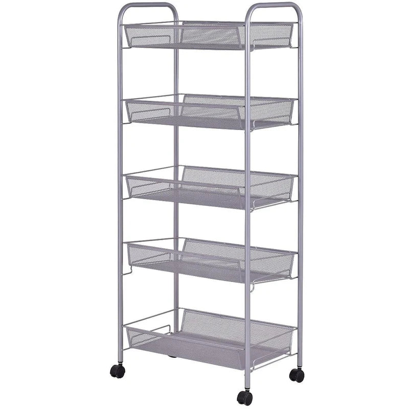 Chariot de rangement roulant à 5 niveaux avec paniers grillagés et roulettes pivotantes à 360 degrés, noir