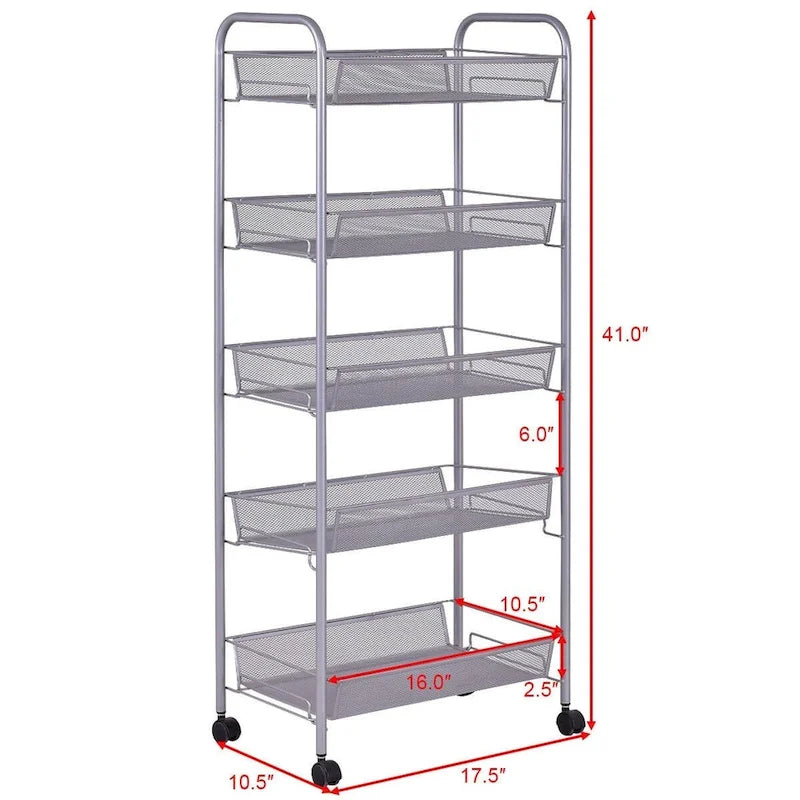 Chariot de rangement roulant à 5 niveaux avec paniers grillagés et roulettes pivotantes à 360 degrés, noir