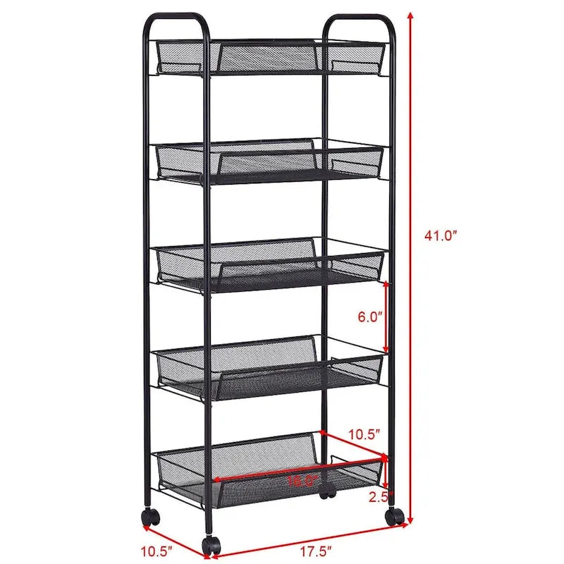 Chariot de rangement roulant à 5 niveaux avec paniers grillagés et roulettes pivotantes à 360 degrés, noir