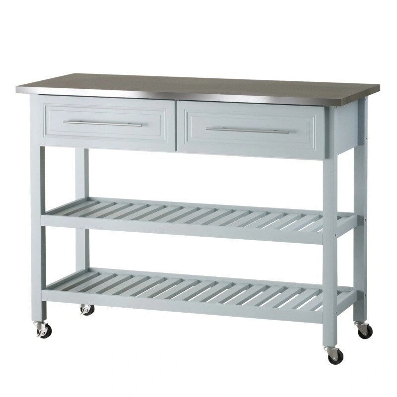 Îlot de cuisine roulant gris clair 2 tiroirs de rangement avec plateau en acier inoxydable