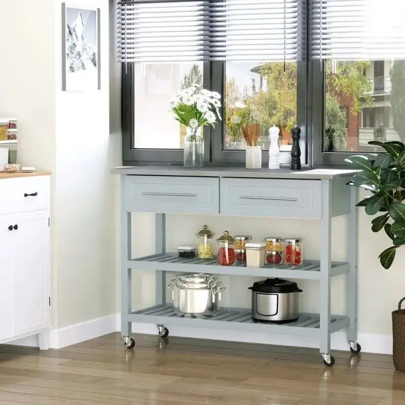 Îlot de cuisine roulant gris clair 2 tiroirs de rangement avec plateau en acier inoxydable