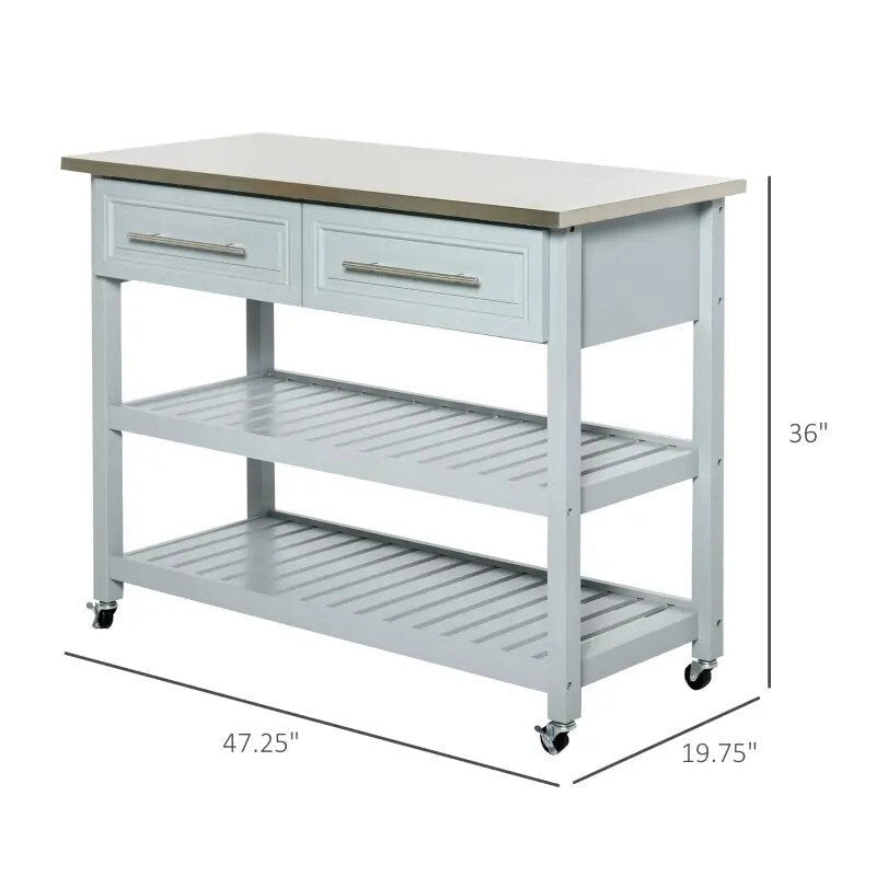 Îlot de cuisine roulant gris clair 2 tiroirs de rangement avec plateau en acier inoxydable