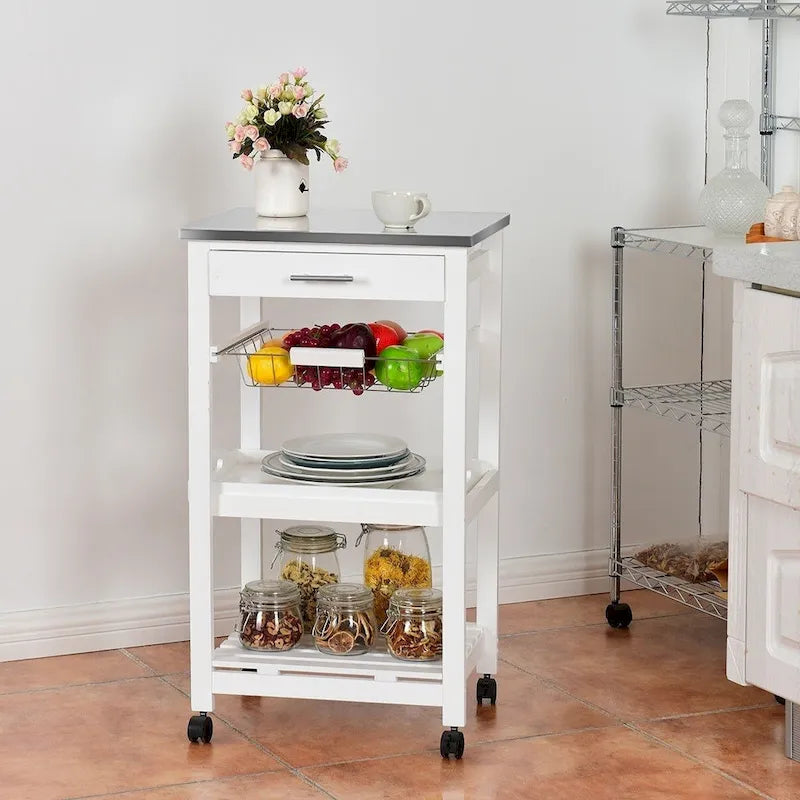 Desserte de cuisine blanche avec tiroir de rangement et dessus en acier inoxydable