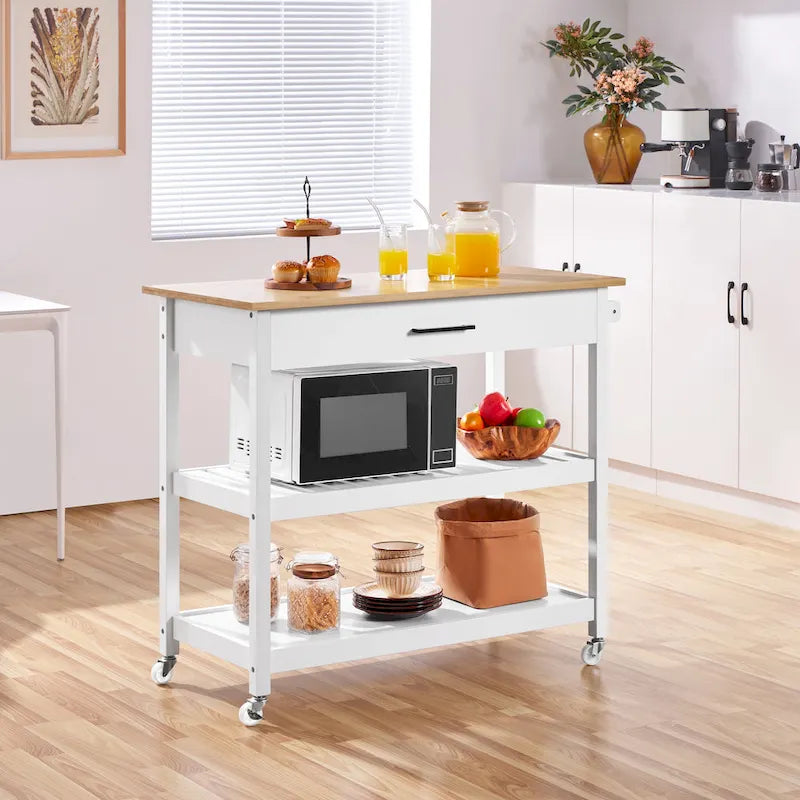Desserte de cuisine avec rangement et tiroir, plan de travail en bois