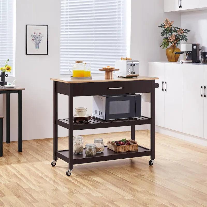 Desserte de cuisine avec rangement et tiroir, plan de travail en bois