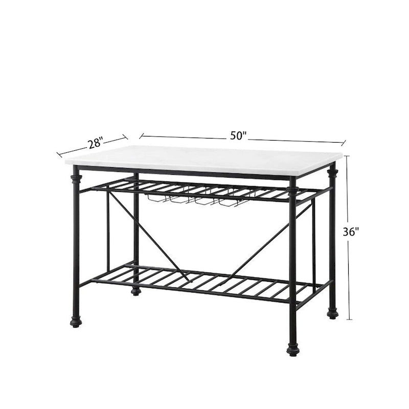 Marble Top Kitchen Island with Wine Glass Storage in White and Gray