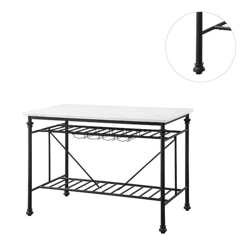 Marble Top Kitchen Island with Wine Glass Storage in White and Gray