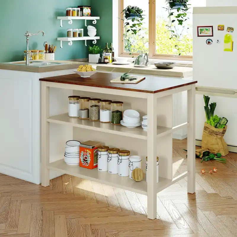Rustic Kitchen Island Cart with Open Shelves and Butcher Block Tabletop