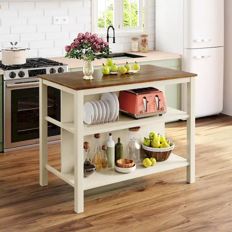 Rustic Kitchen Island Cart with Open Shelves and Butcher Block Tabletop