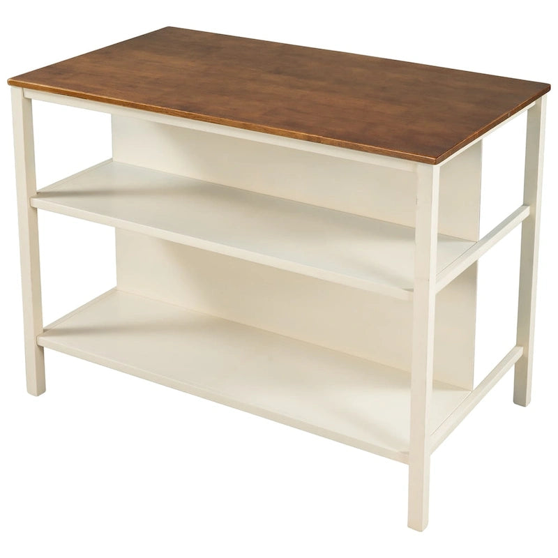 Rustic Kitchen Island Cart with Open Shelves and Butcher Block Tabletop
