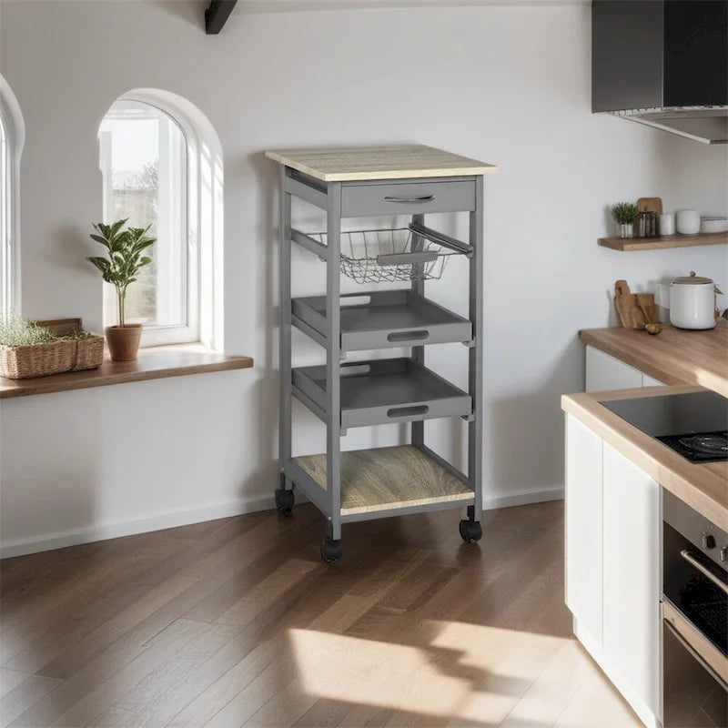 Îlot de cuisine mobile avec tiroir et panier coulissant